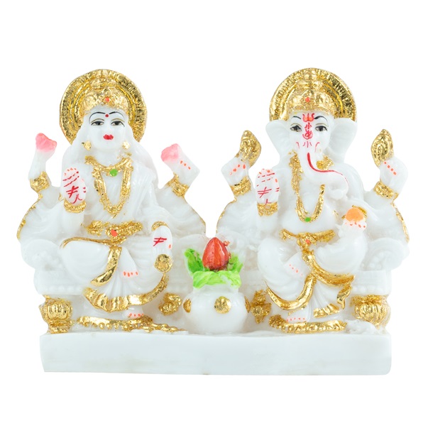 White Marble Finish Lakshmi Ganesha Idol