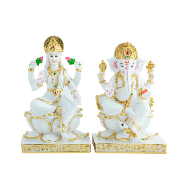 White Marble Finish Lakshmi Ganesha Idol