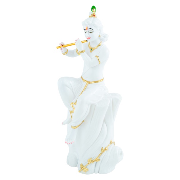 White/Gold Sitting Krishna with Flute sculpture